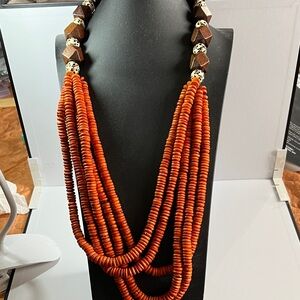 Elegant Orange Wooden Beaded Necklace; handmade